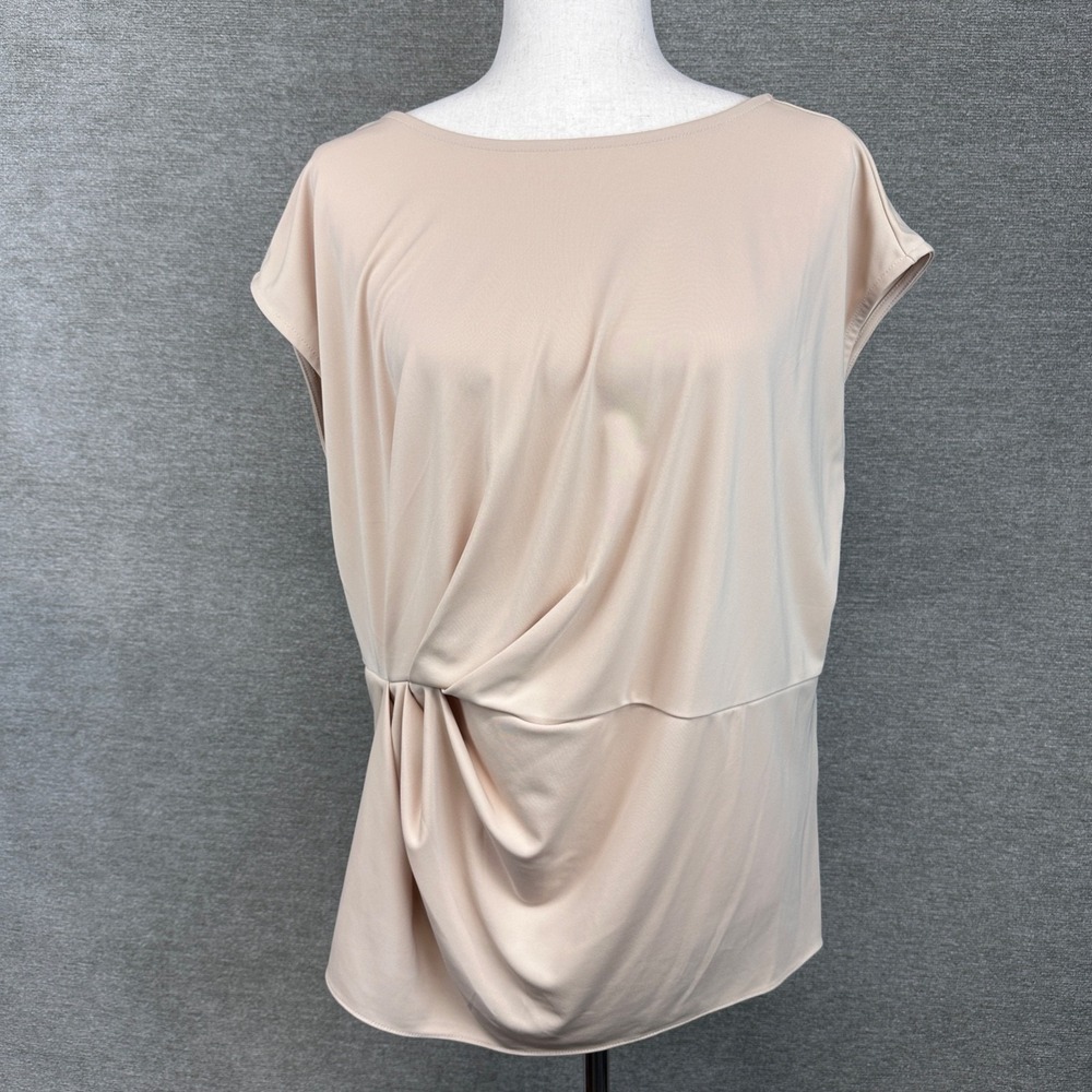 Alfani Beige Blouse Top Career Office Quiet Luxury Minimalist Cap Sleeves Large‎
